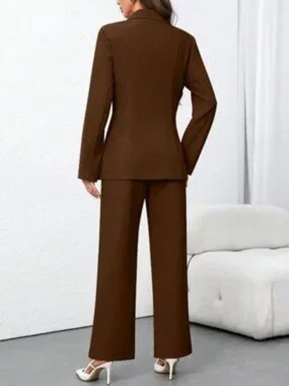 ZARA Brown Elegant Women's Minimalist Long Sleeve Blazer Jacket And Pants Suit